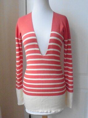 JEAN PAUL GAULTIER Vintage Stripe Deep V-neck Coral/Ivory Snug Fit Sweater Large